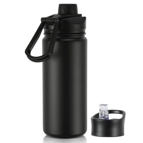 VEGOND 16 oz insulated bottle with straw lid in black keeps drinks cold at school.