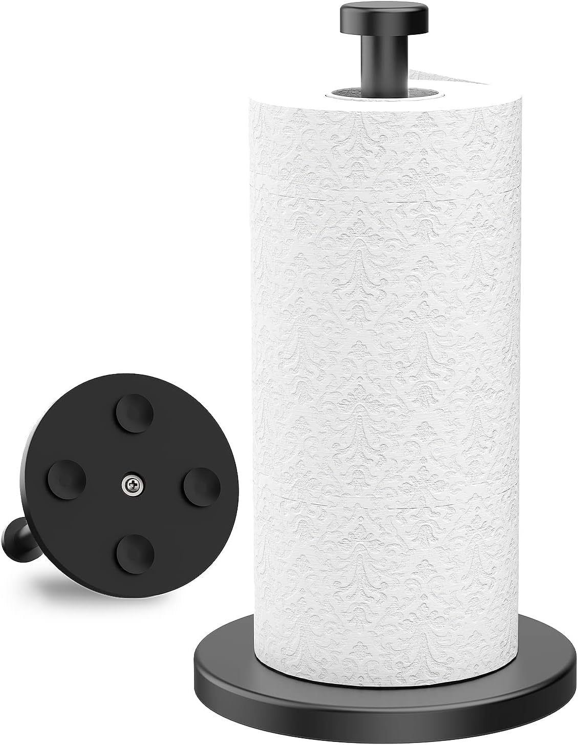 VEHHE black paper towel holder on countertop, front view for easy towel access.