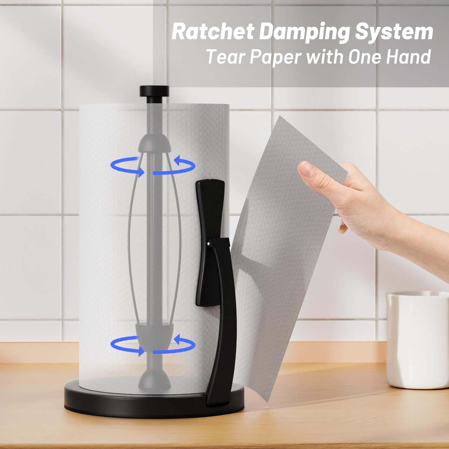 VEHHE paper towel holder with spring arm stabilizes the roll during tearing