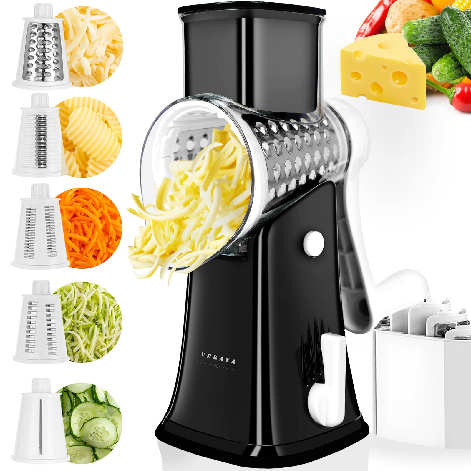 VEKAYA rotary cheese grater assembly with blades ready for use.