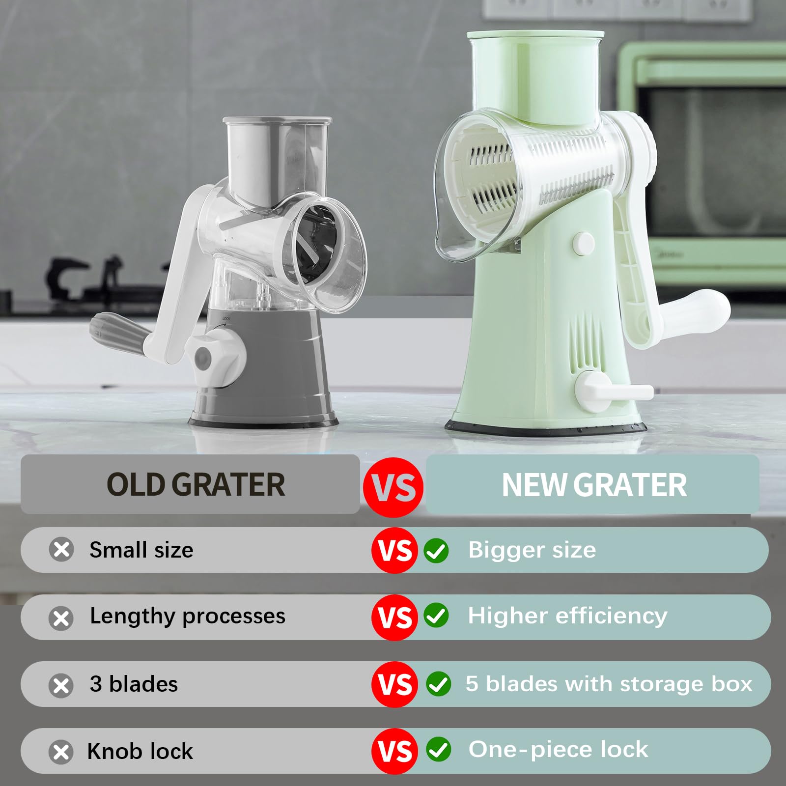VEKAYA Rotary Cheese Grater storage box keeps blades organized for quick swaps.