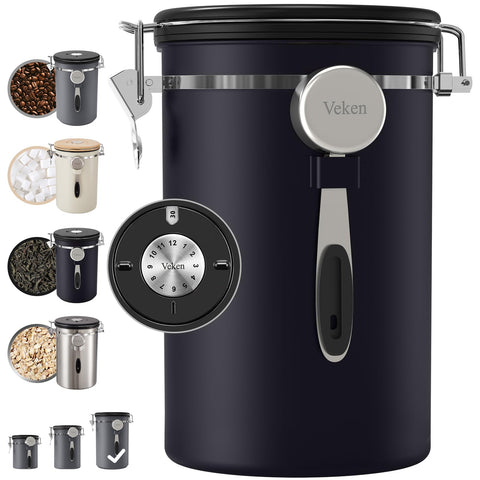 Veken 39oz coffee canister lid close-up shows airtight seal for lasting freshness