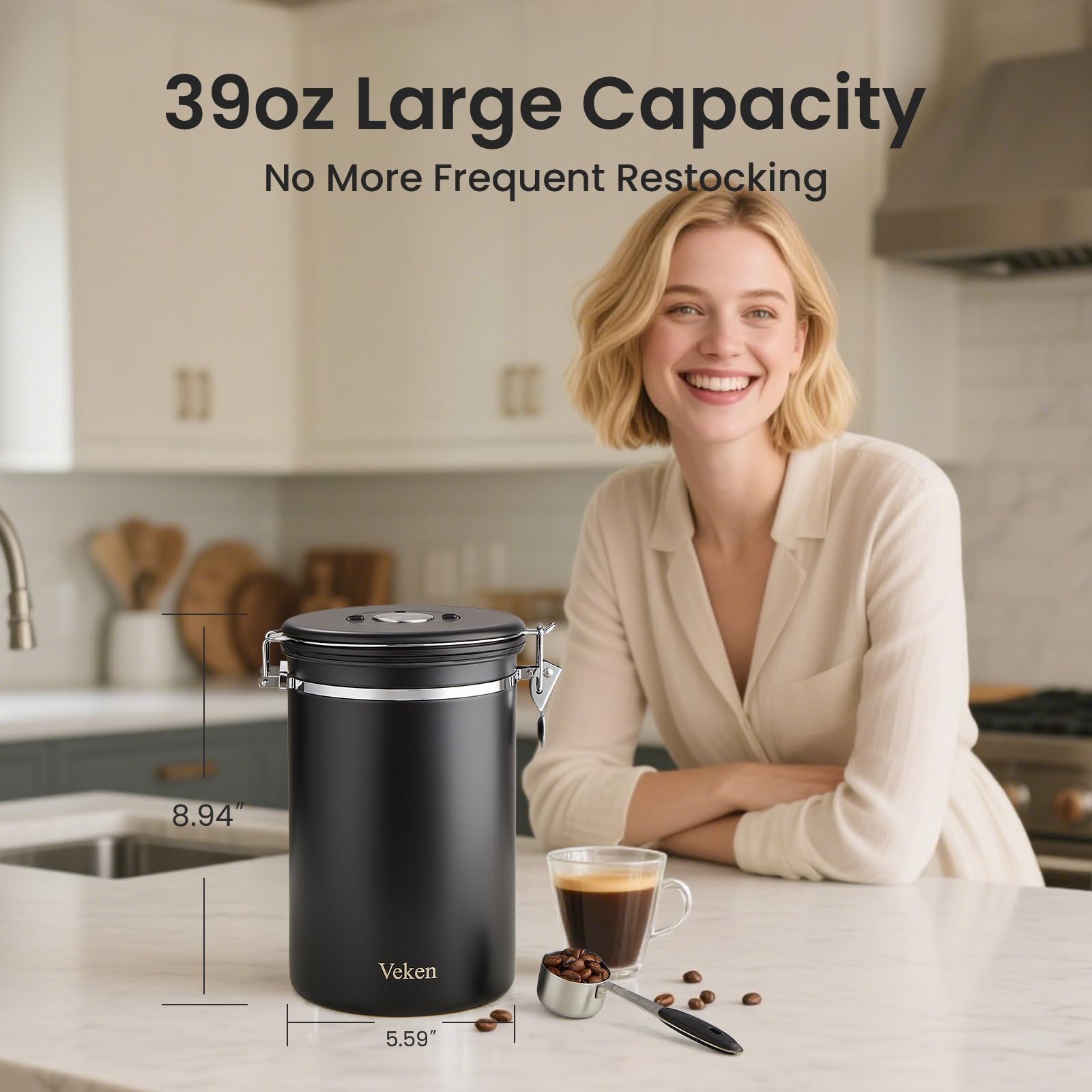 Veken canister with beans demonstrates generous 2.2lb capacity for whole and ground coffee