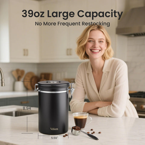 Veken canister with beans demonstrates generous 2.2lb capacity for whole and ground coffee