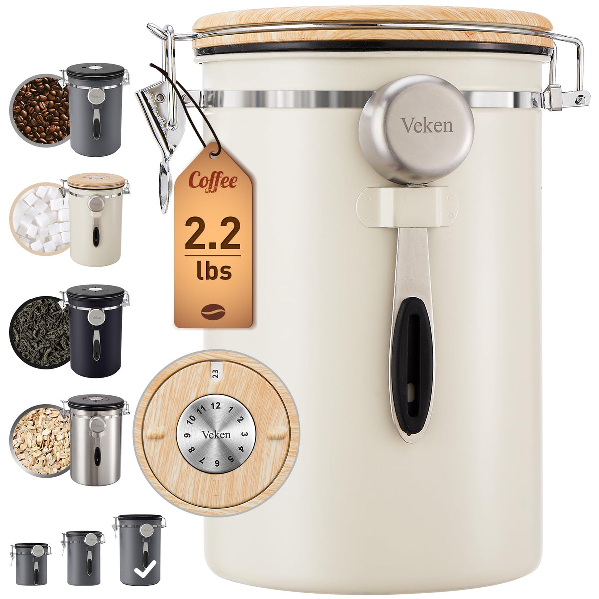 Veken 39oz coffee canister exterior view for spacious storage.