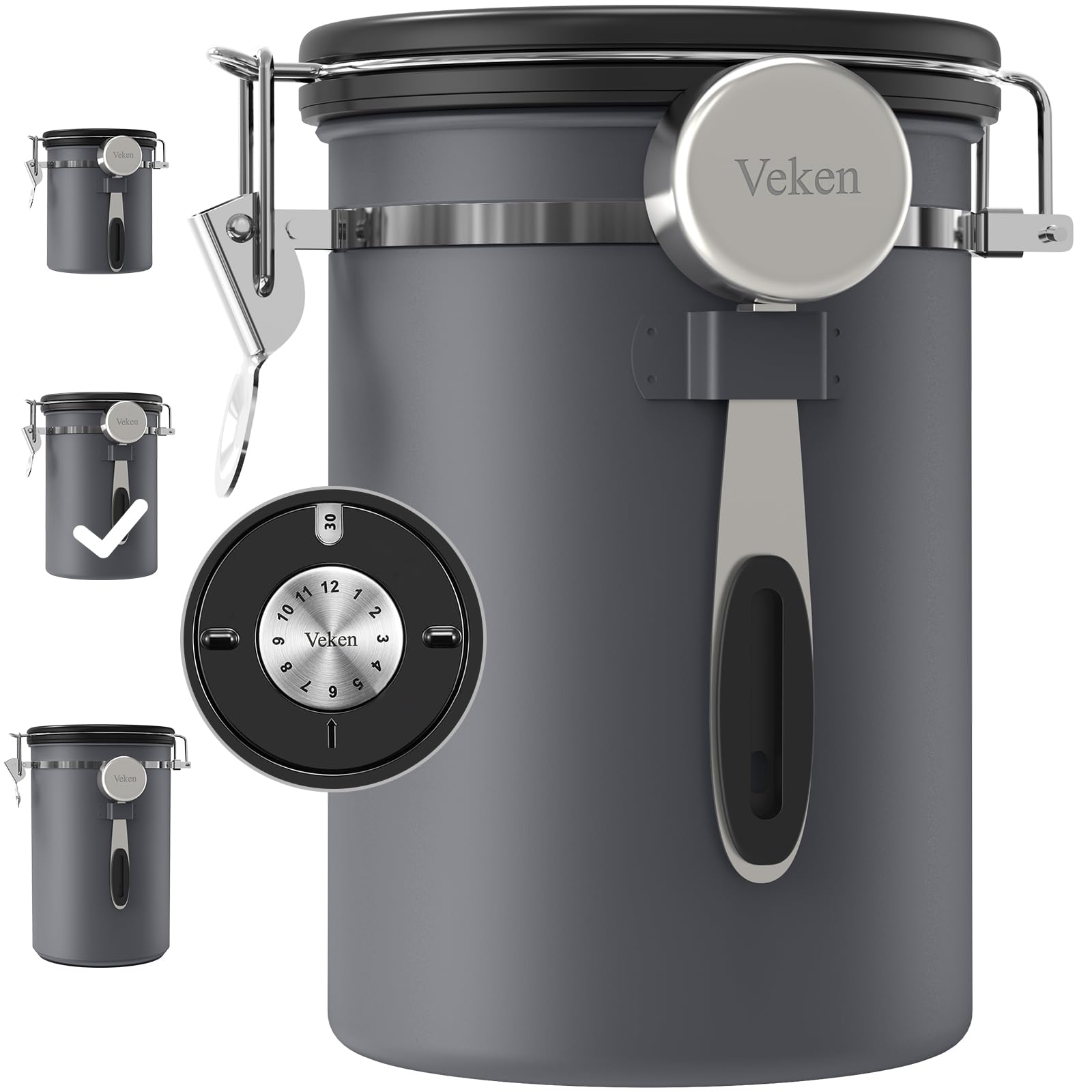 Veken coffee canister with airtight lid and CO2 valve preserves freshness.