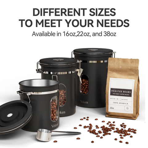 Veken canister stores beans or tea with clear contents.