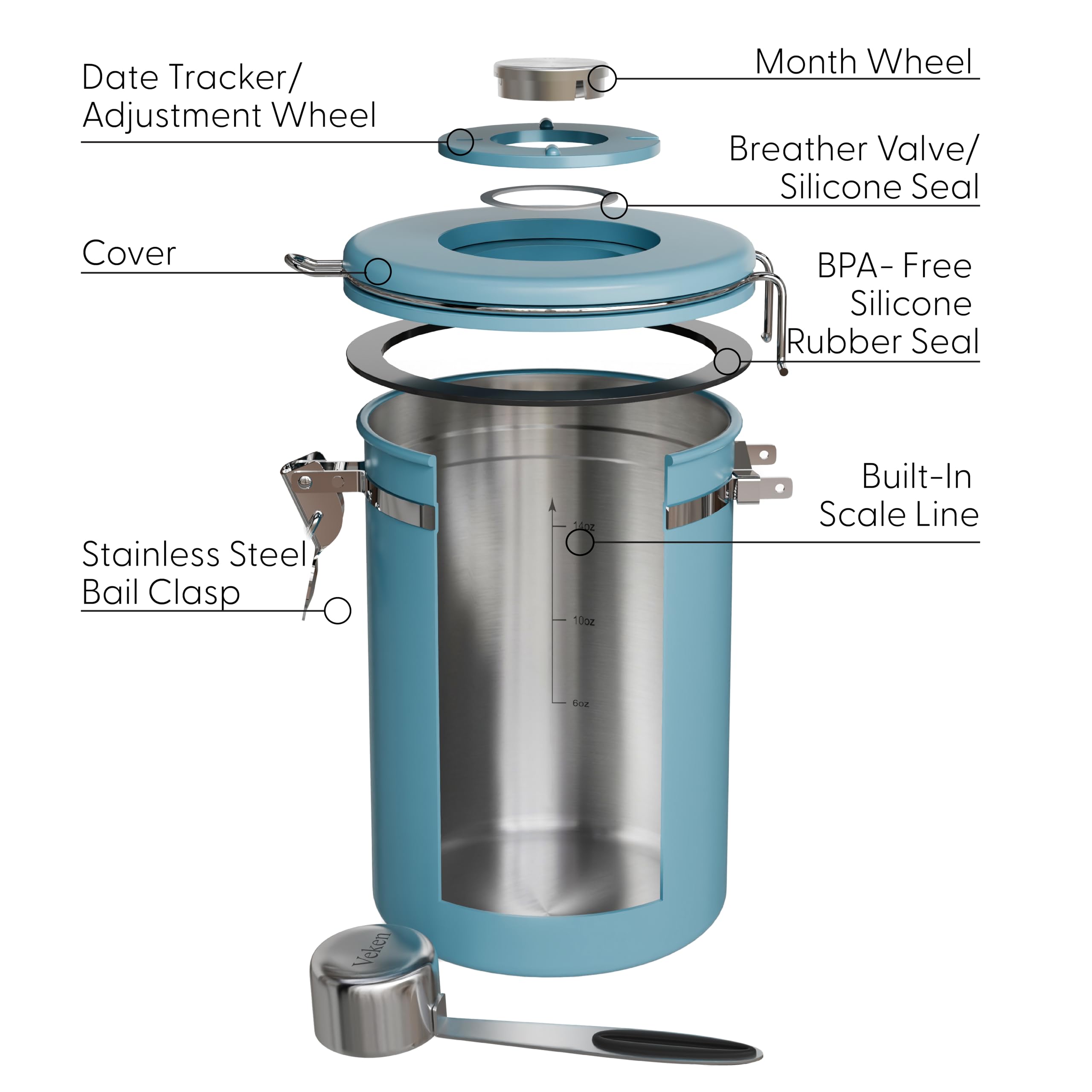 Blue Veken coffee canister showcases modern kitchen storage design.