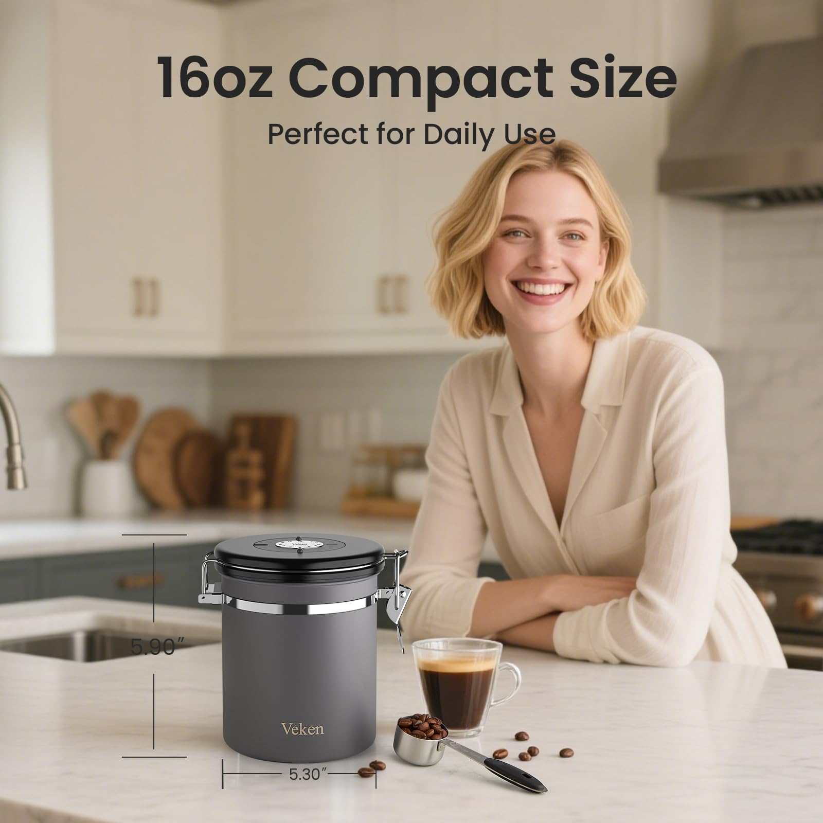 Veken canister date tracker lid helps monitor freshness.