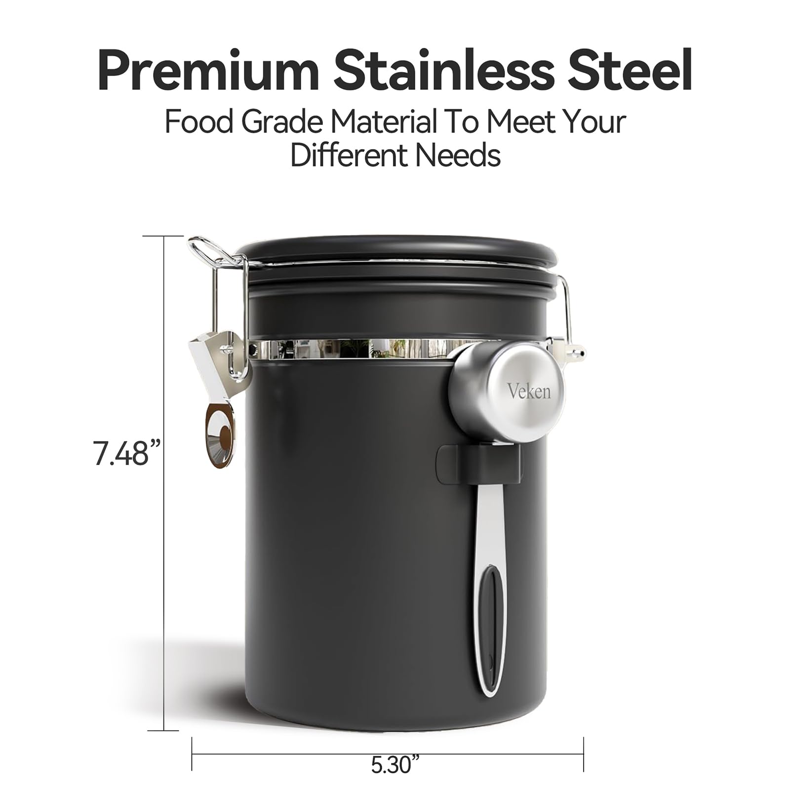 Veken canister free scoop attaches to lid for easy measuring.
