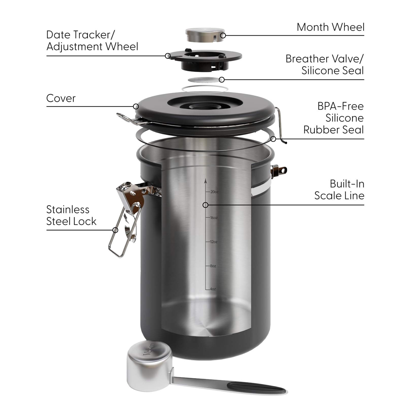 Veken canister scale line ensures precise coffee measurements.