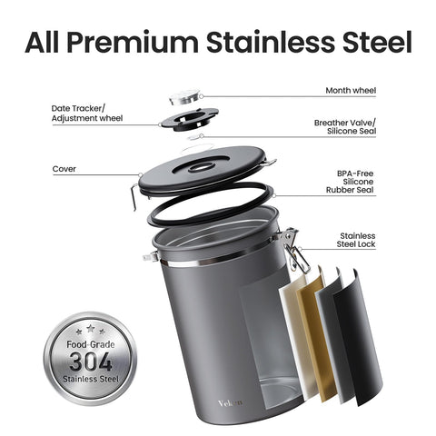 Veken stainless steel body supports durable, stylish coffee storage