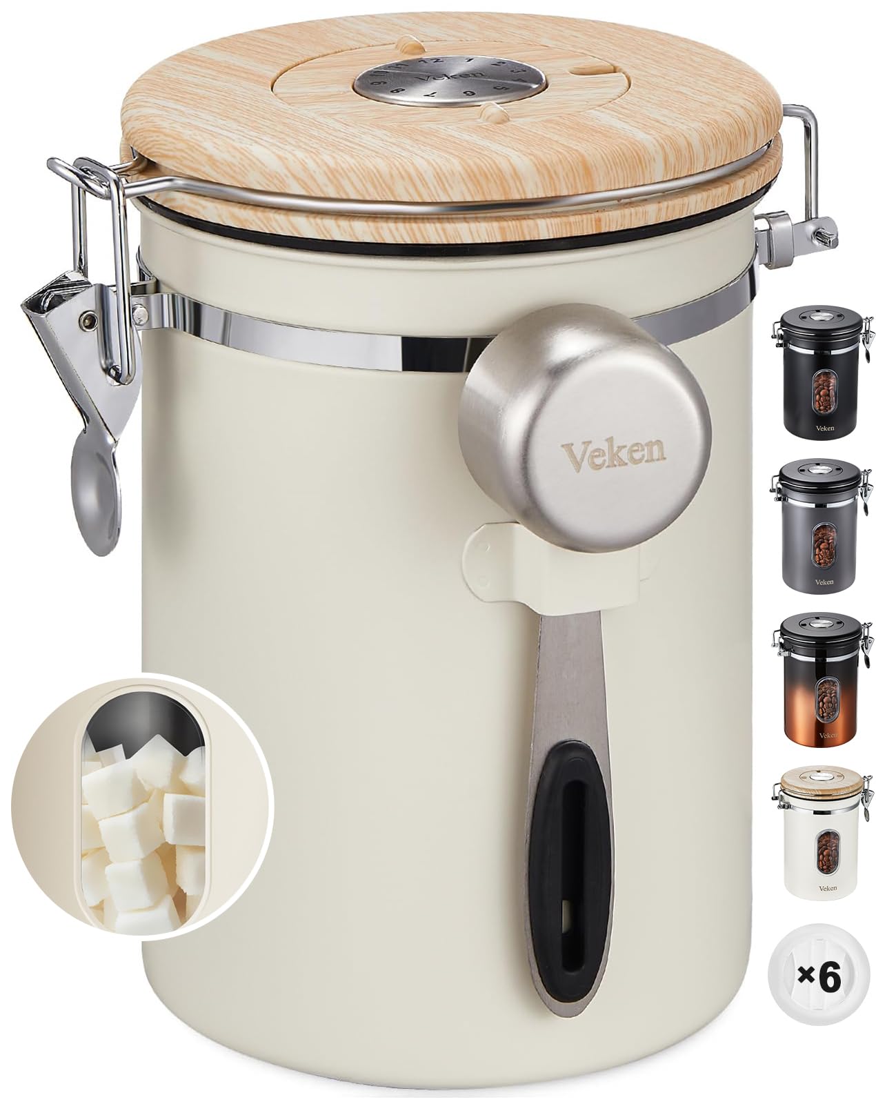 Veken coffee canister with window shows remaining beans for quick brews