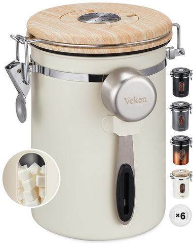 Veken coffee canister with window shows remaining beans for quick brews