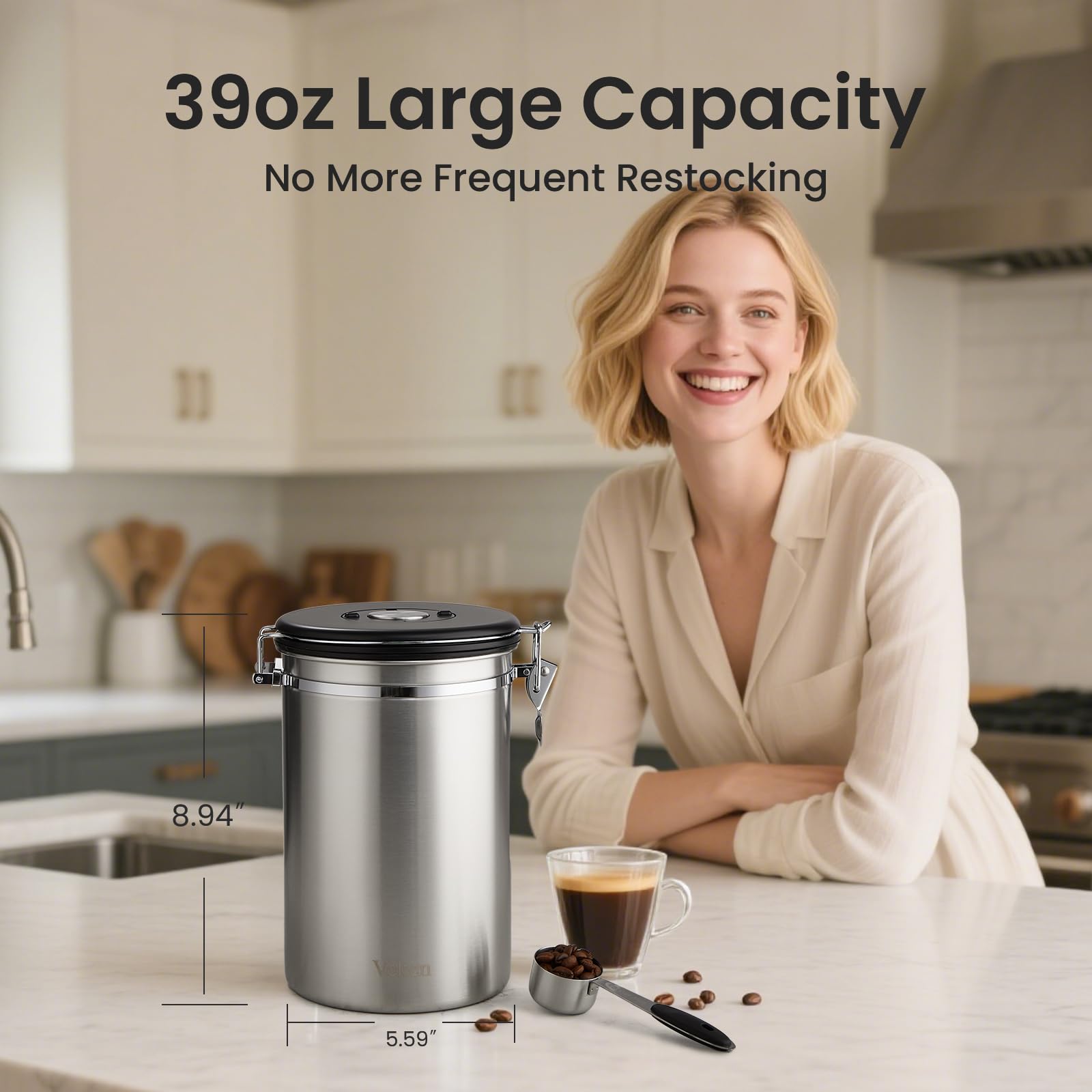 Veken stainless steel canister with silicone seal protects aroma and blocks moisture.