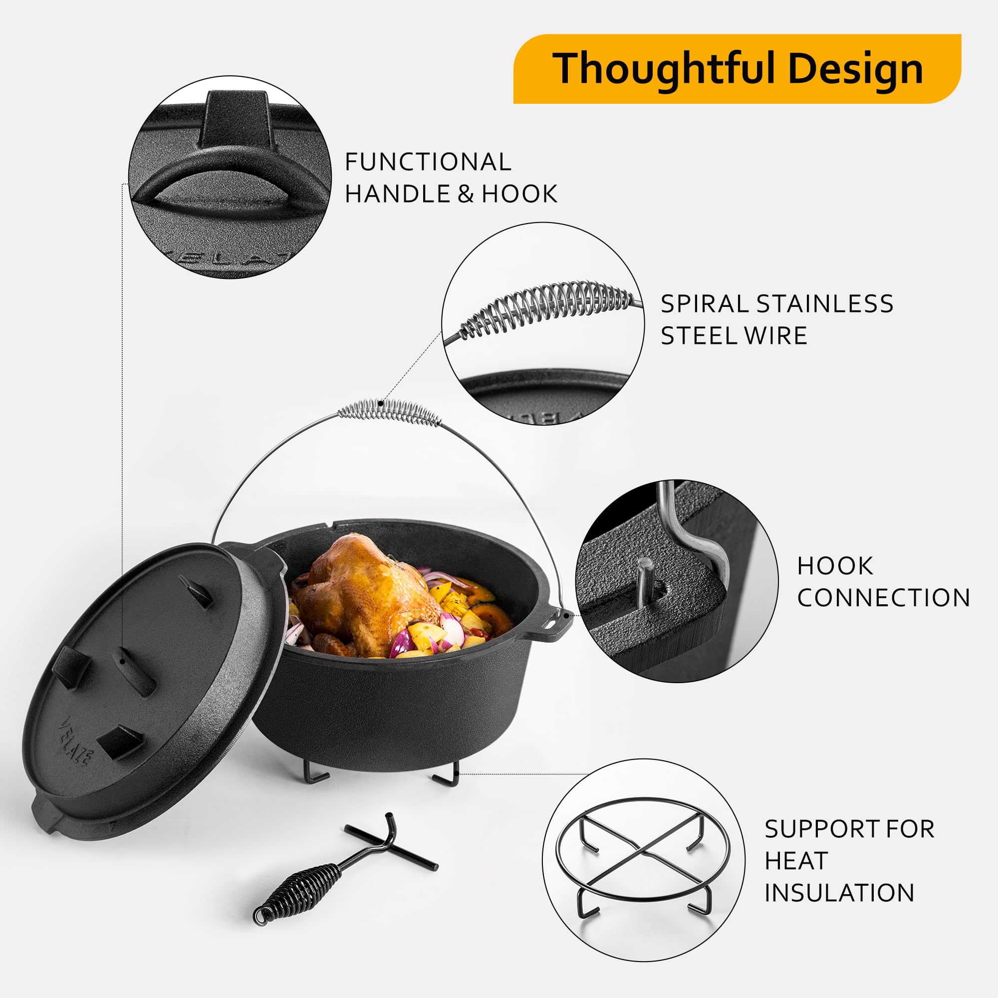 Velaze 10QT camping dutch oven with lid lifter included for safe handling
