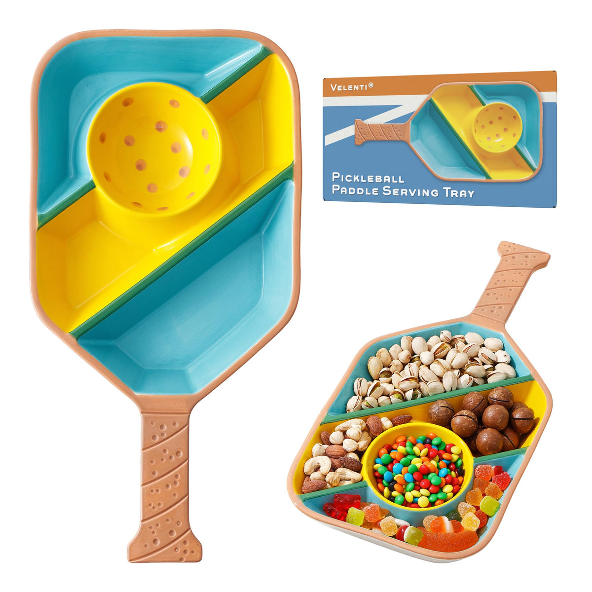 VELENTI Pickleball Paddle Snack Tray close-up showing built-in dip section for easy serving