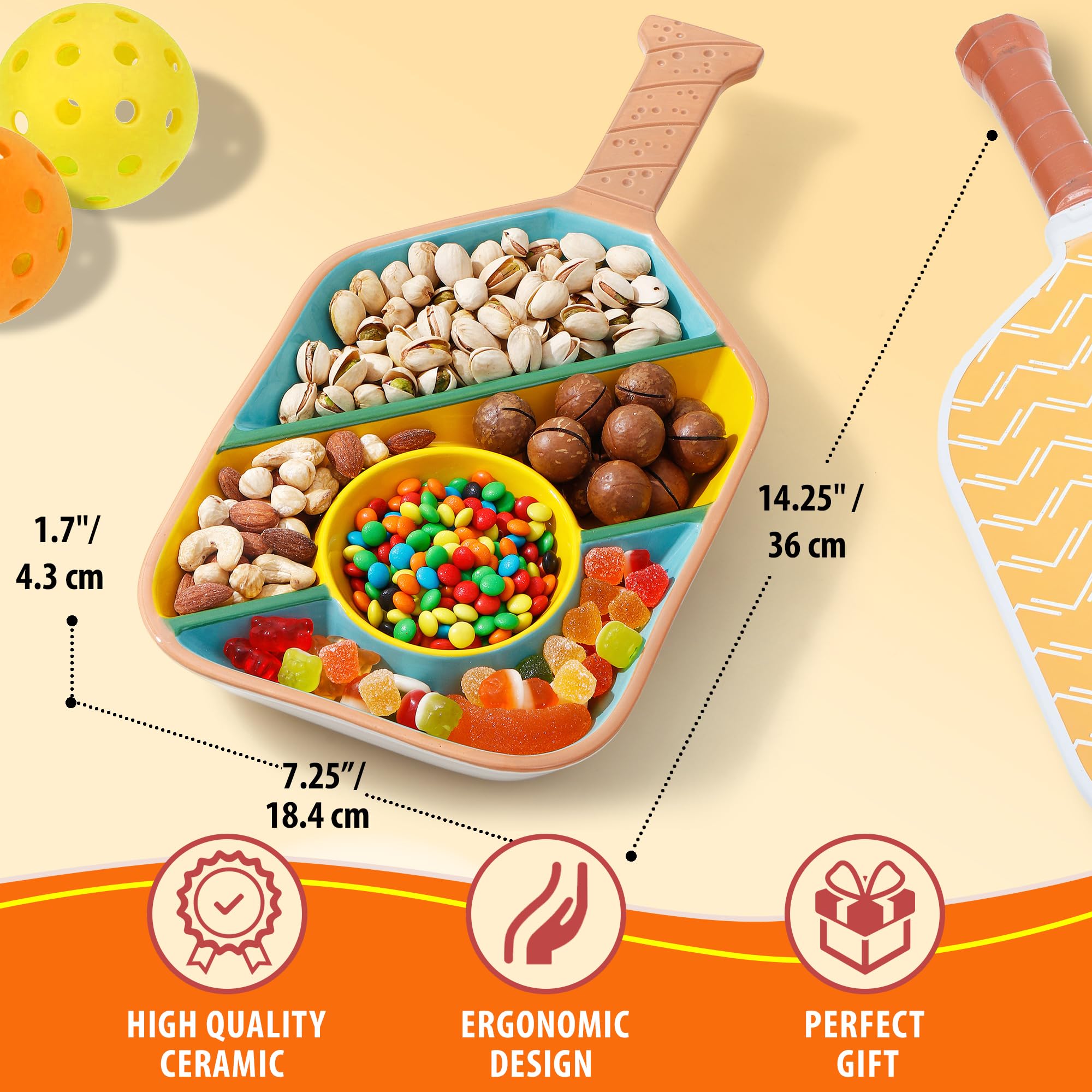 VELENTI Pickleball Paddle Snack Tray dips section ready for salsa or guacamole