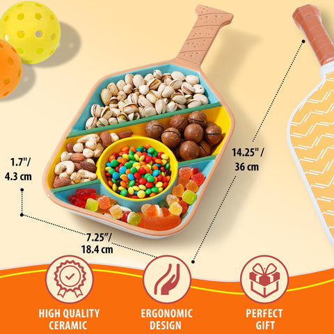 VELENTI Pickleball Paddle Snack Tray dips section ready for salsa or guacamole