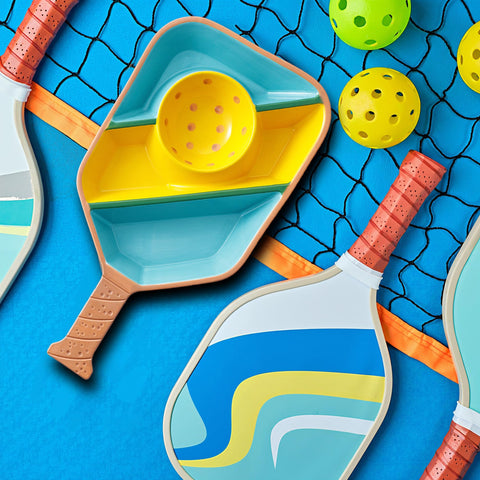 VELENTI Pickleball Paddle Snack Tray with multiple compartments for chips, veggies, and nuts