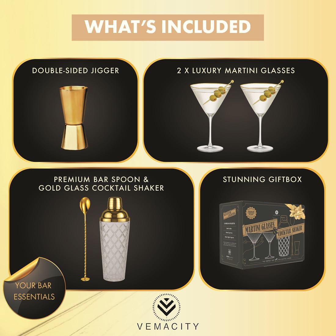 VEMACITY ribbed espresso martini glasses with gold rims elevate presentation.