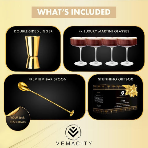 VEMACITY close-up of gold rim detail on ribbed glasses.