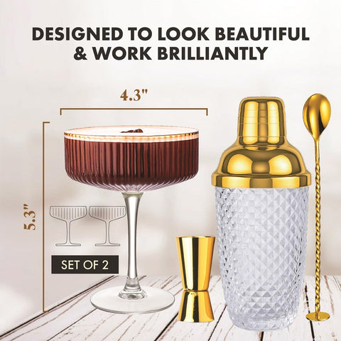Vemacity home bar setup featuring shaker and two glasses