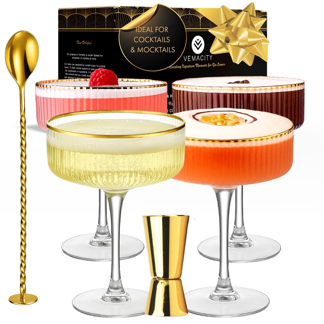 VEMACITY ribbed coupe glasses with gold rims for stylish entertaining.