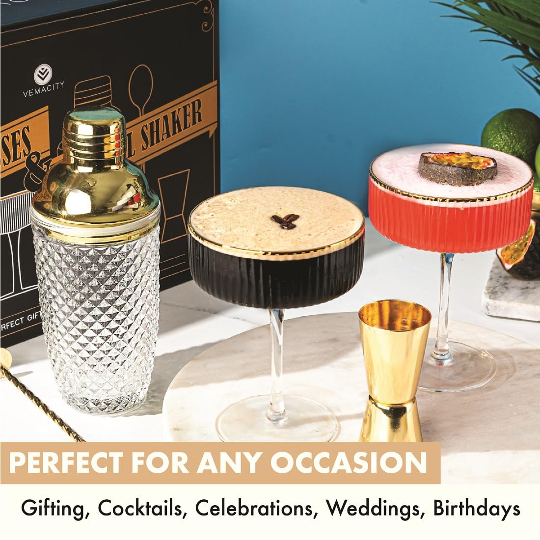 Vemacity ribbed espresso martini glasses 10oz with gold rims