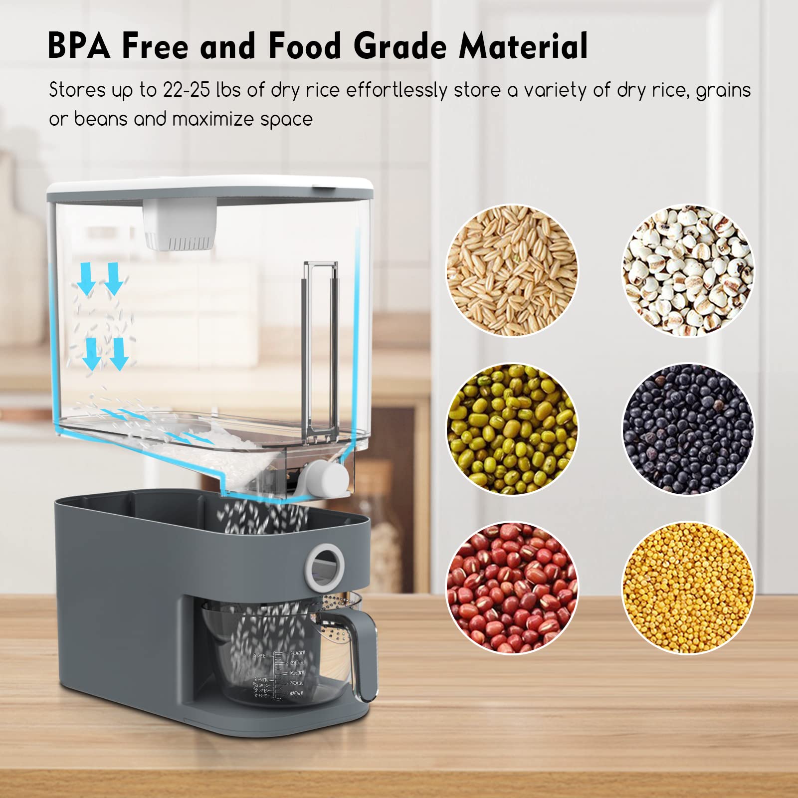 VenDotbi rice dispenser compact design fits neatly on a shelf