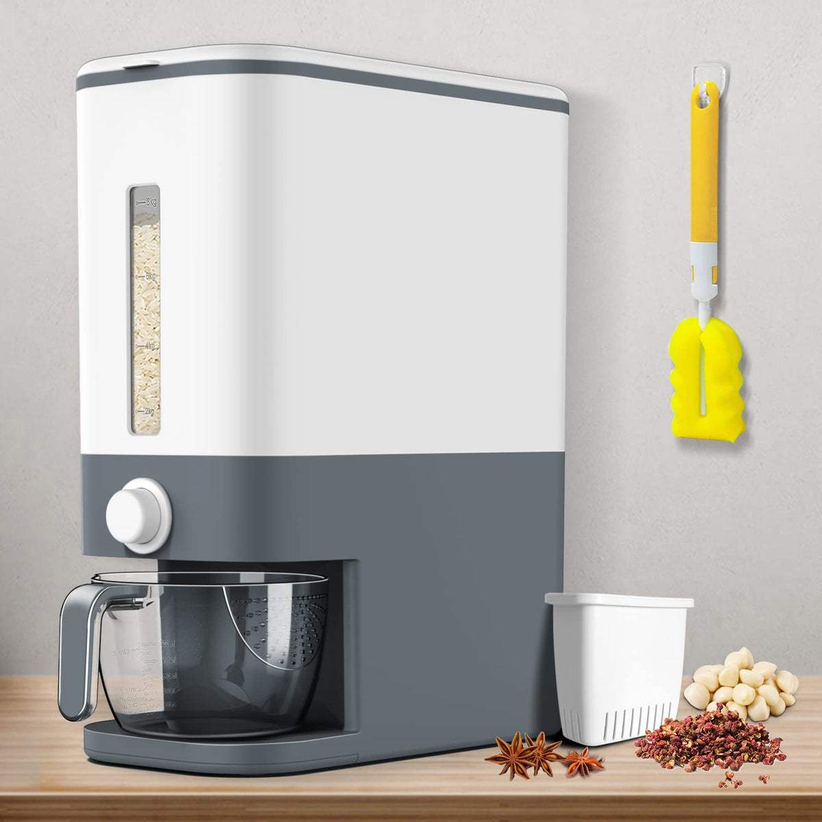 VenDotbi rice dispenser front view with sleek grey body and easy access lid