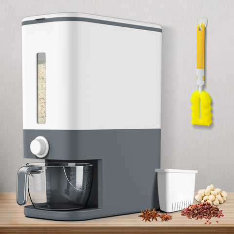 VenDotbi rice dispenser front view with sleek grey body and easy access lid