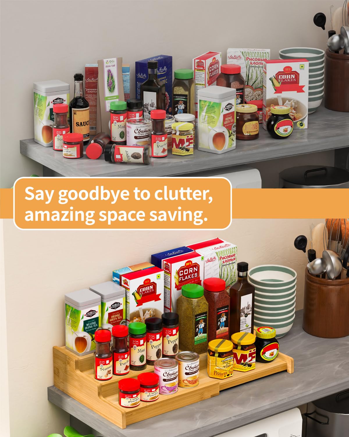 VenDotbi spice rack side view emphasizes expandable width and stability