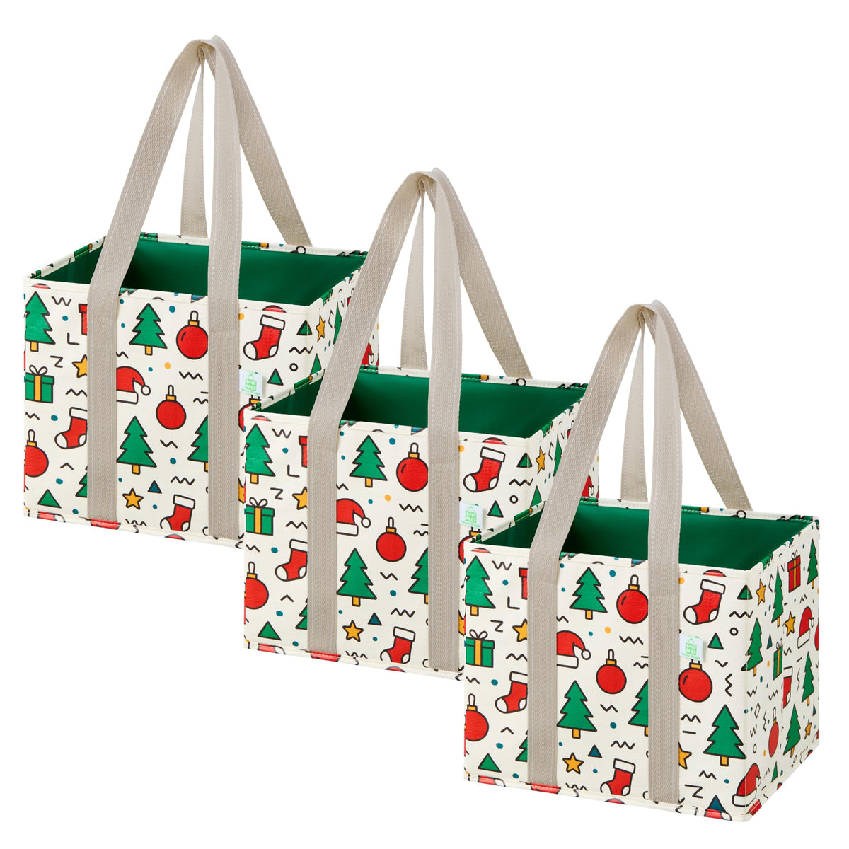 VENO 3-pack Christmas reusable bags with hard bottom keep groceries upright.