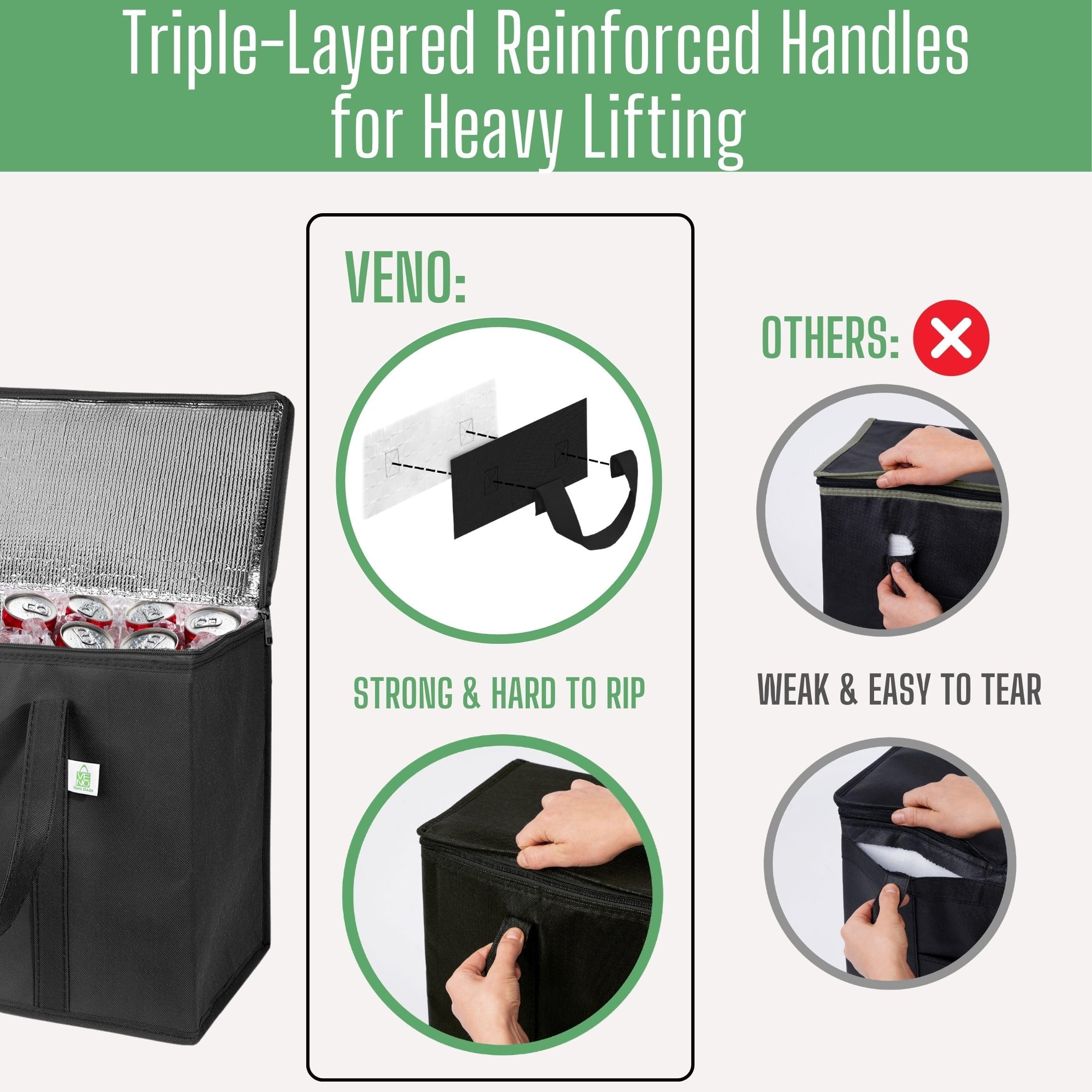 VENO bag in use by delivery service showing upright stability.