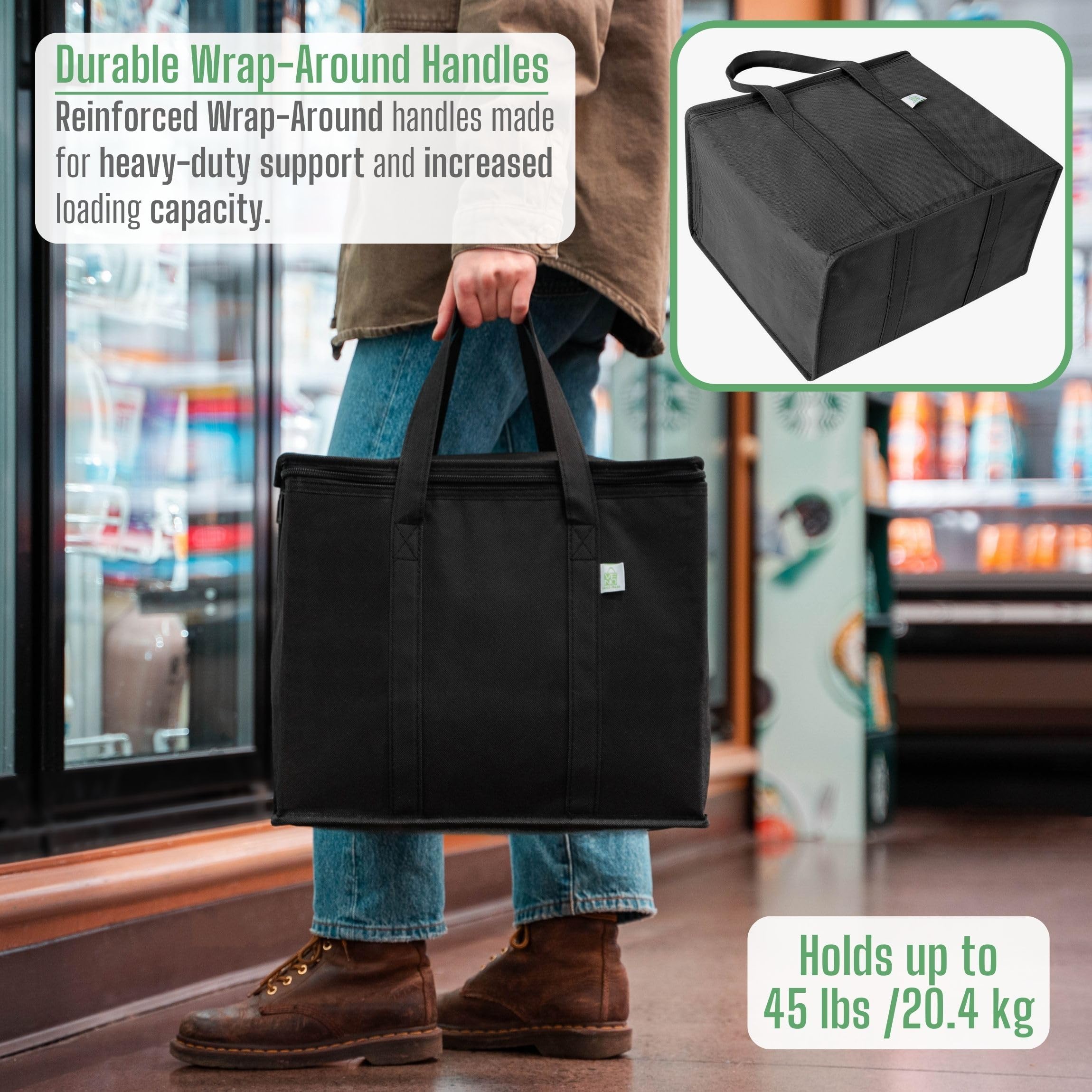 VENO large-capacity bag fitting groceries and beverages for trips.