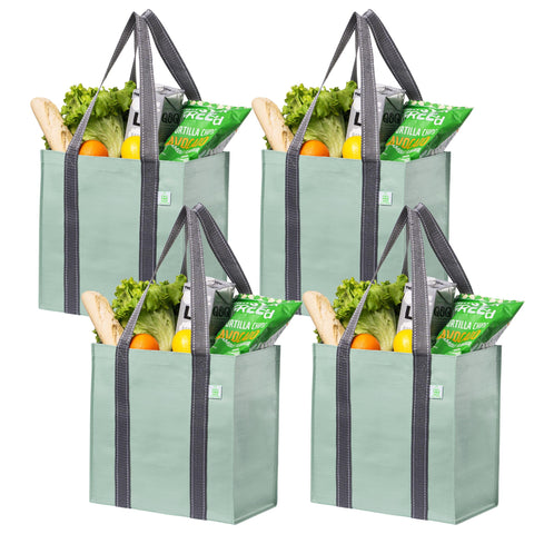 VENO four-pack reusable grocery bags with sturdy hard bottom for upright items.