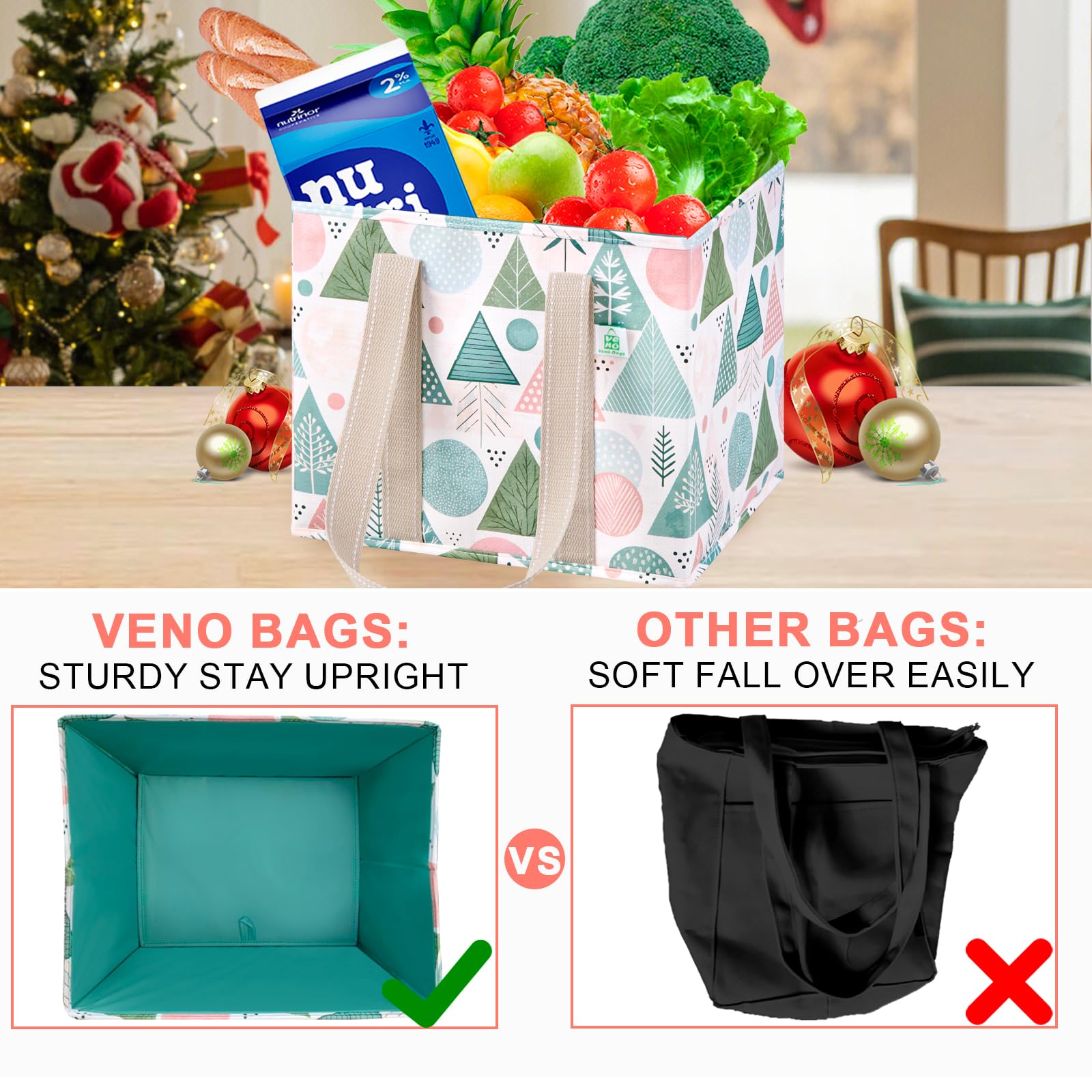 VENO pastel forest color adds festive style to grocery trips.
