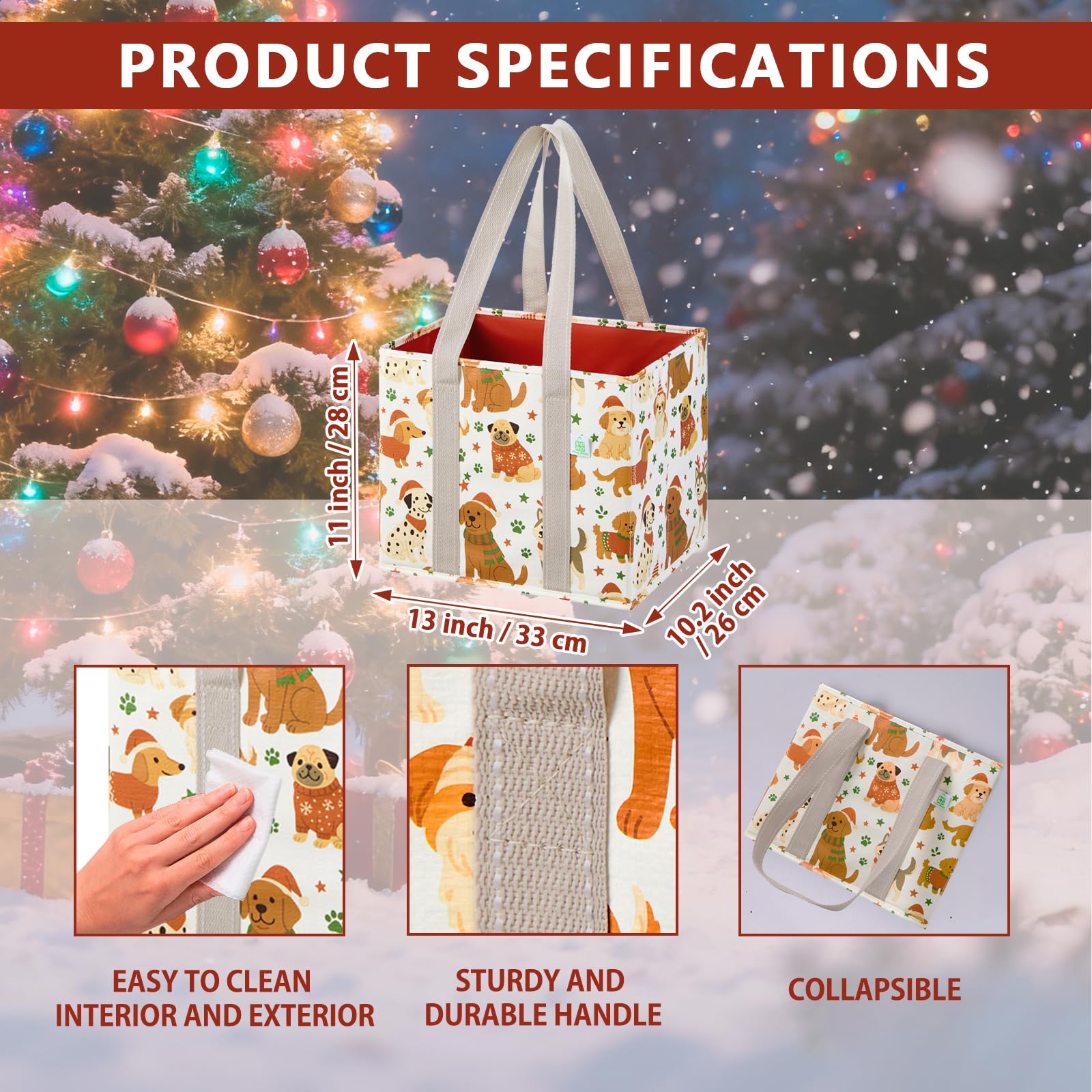 VENO Christmas bags show their hard bottom keeping groceries upright during transport.