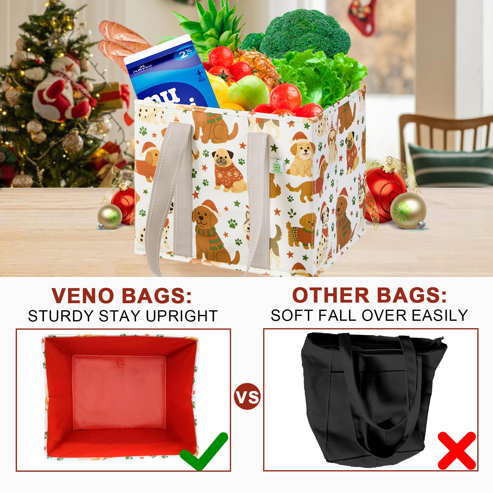 VENO Christmas bags in a car trunk demonstrating tidy shopping trips.