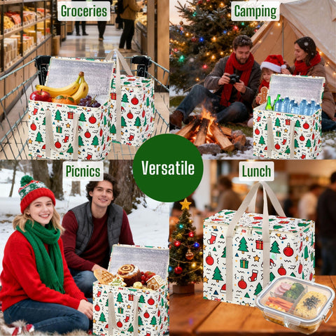 VENO Christmas cooler bag full contents with groceries and drinks organized.
