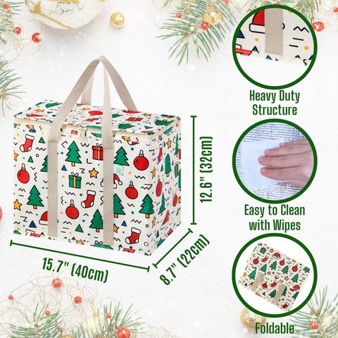 VENO Christmas cooler bag lid-zipper closeup with secure closure for items.