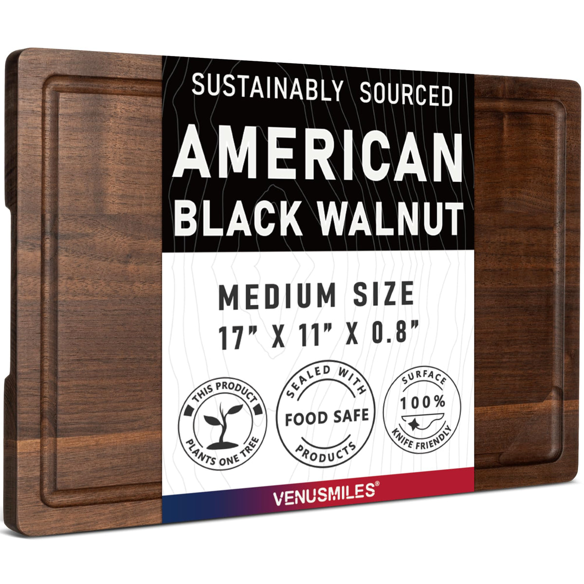 Venusmiles walnut cutting board with deep juice groove for mess-free prep