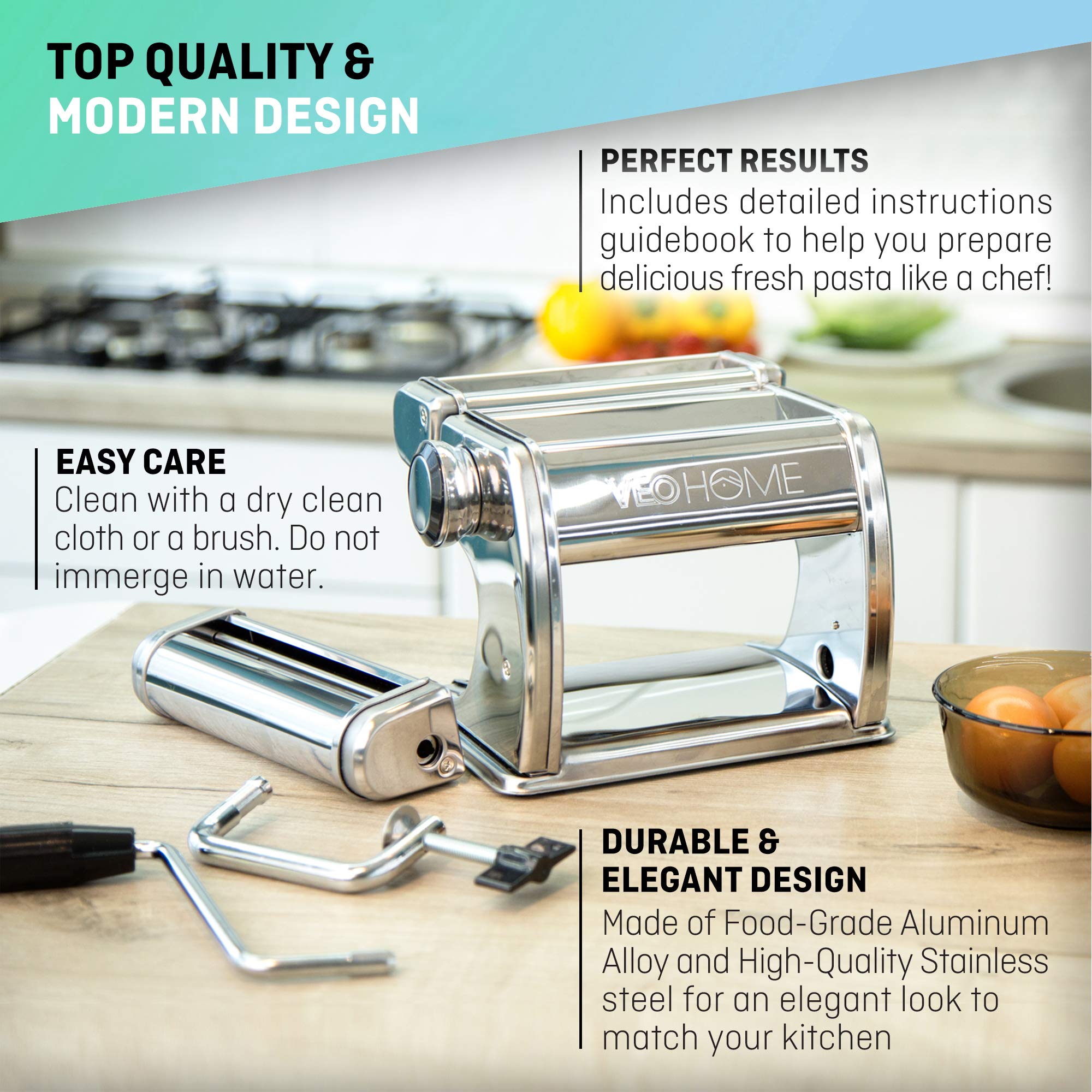 VeoHome hand crank operation lets you feel tangible control while making fresh pasta