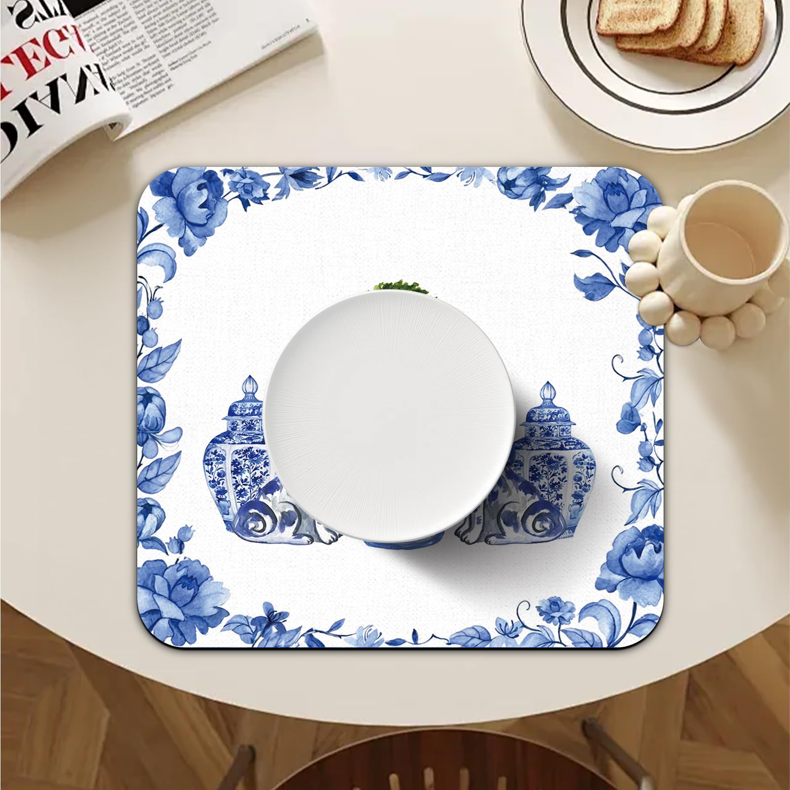 Veqzc Absorbent kitchen mat blue white dries dishes rapidly on counters.