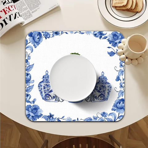 Veqzc Absorbent kitchen mat blue white dries dishes rapidly on counters.