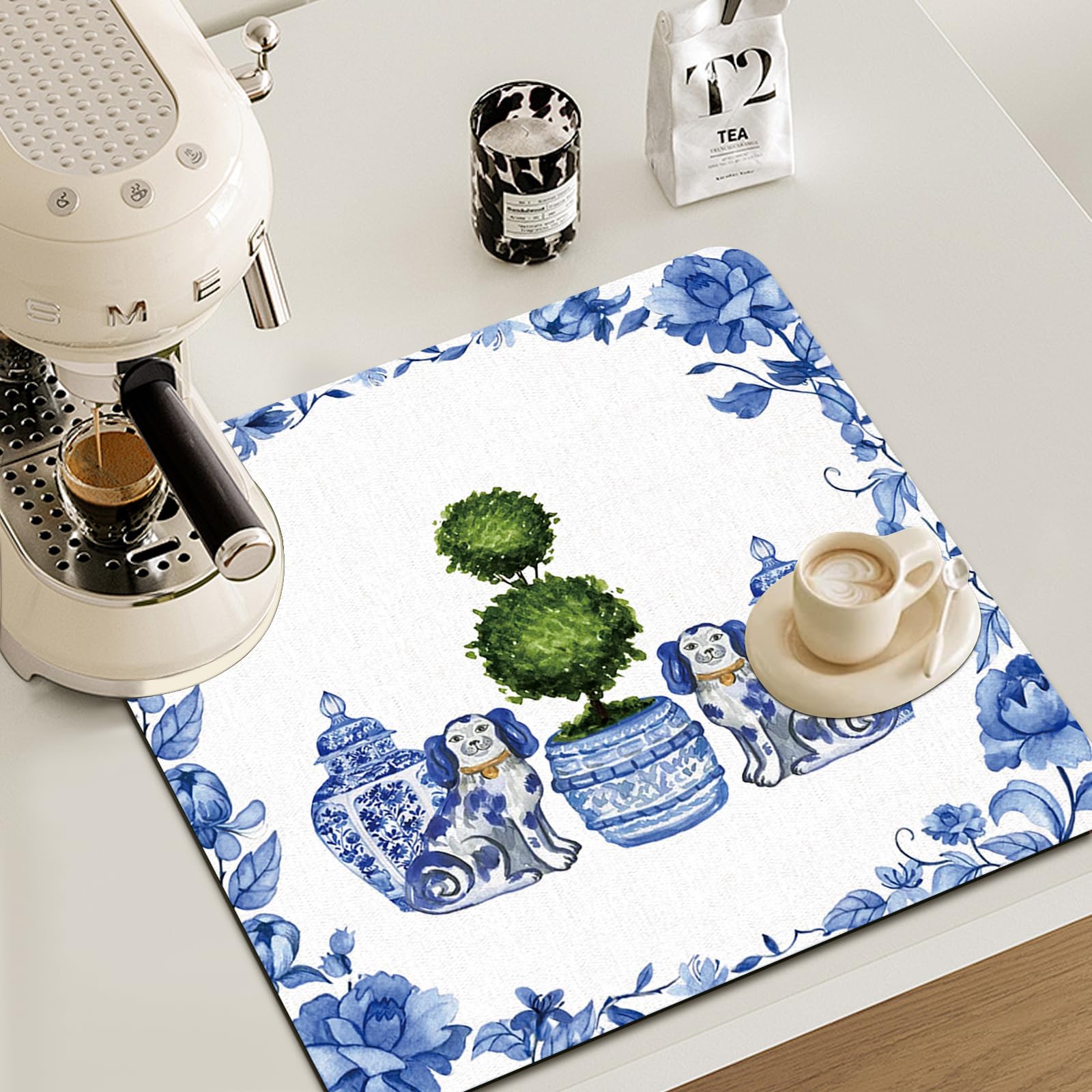 Veqzc Chinoiserie dog drying mat for kitchen counters keeps fur and dishes dry.