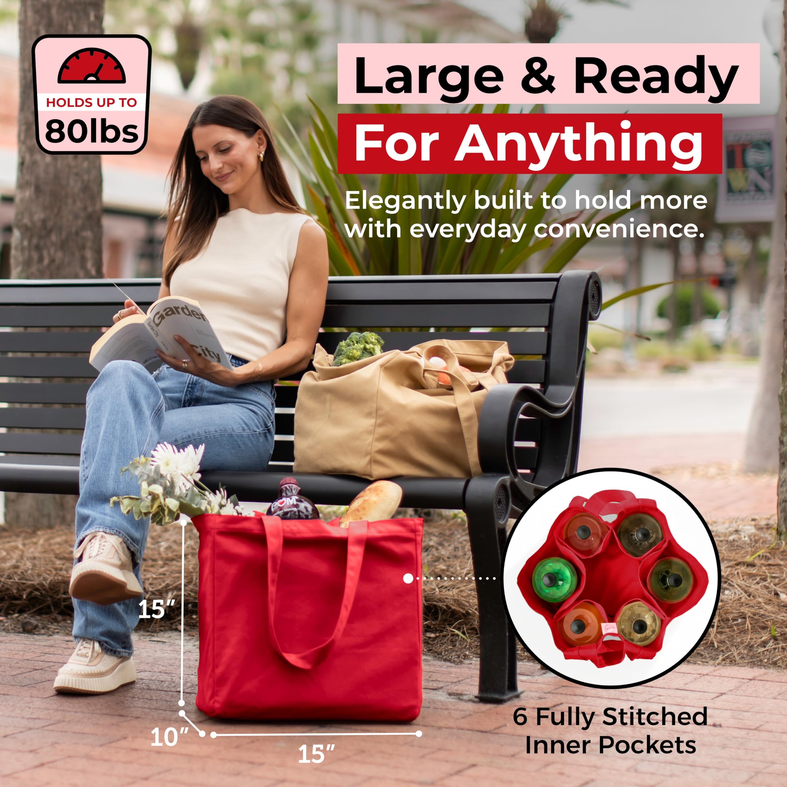 VeraMia canvas grocery bag holds 80lbs for heavy duty shopping.