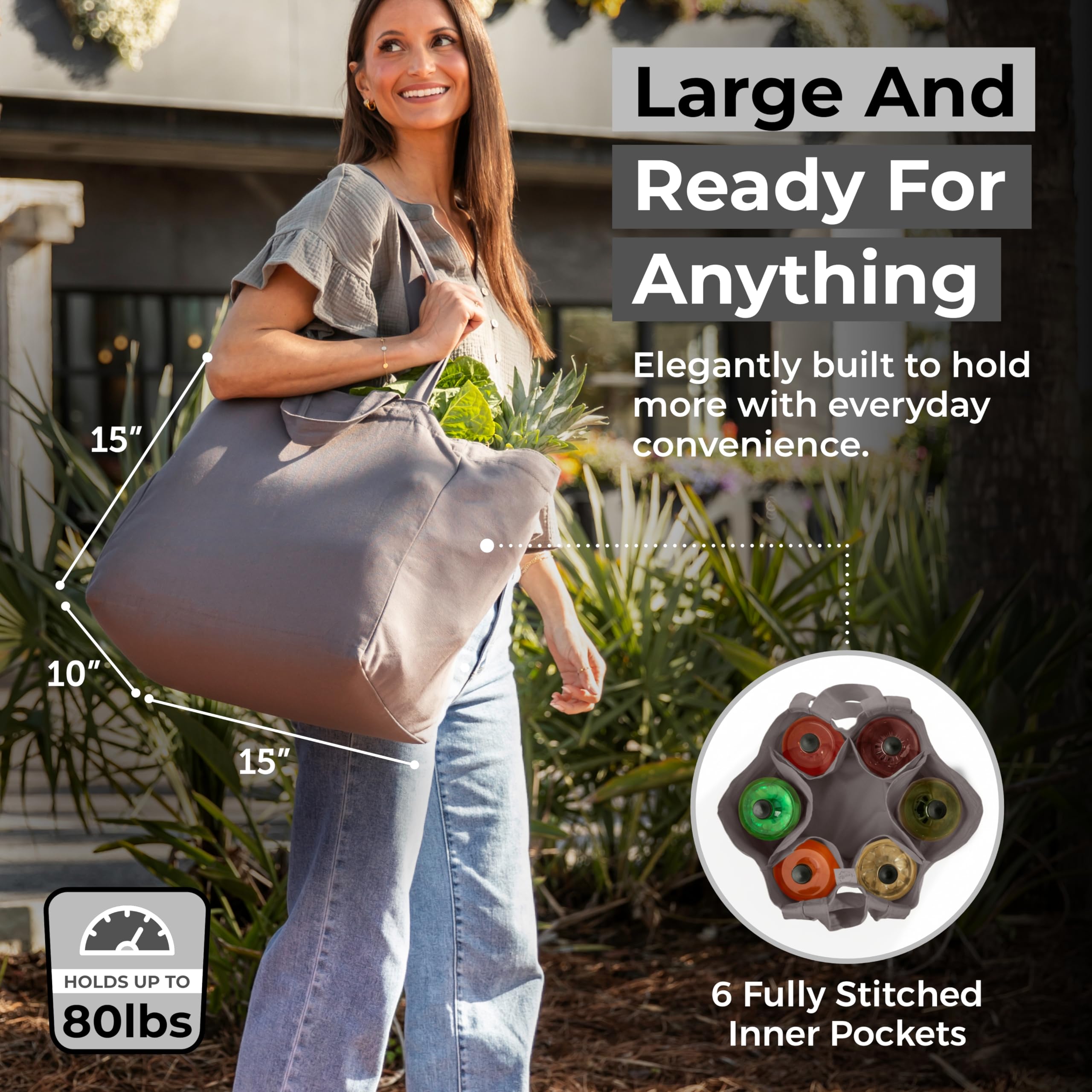 VeraMia heavy-duty 12oz canvas bag holds up to 80lbs.