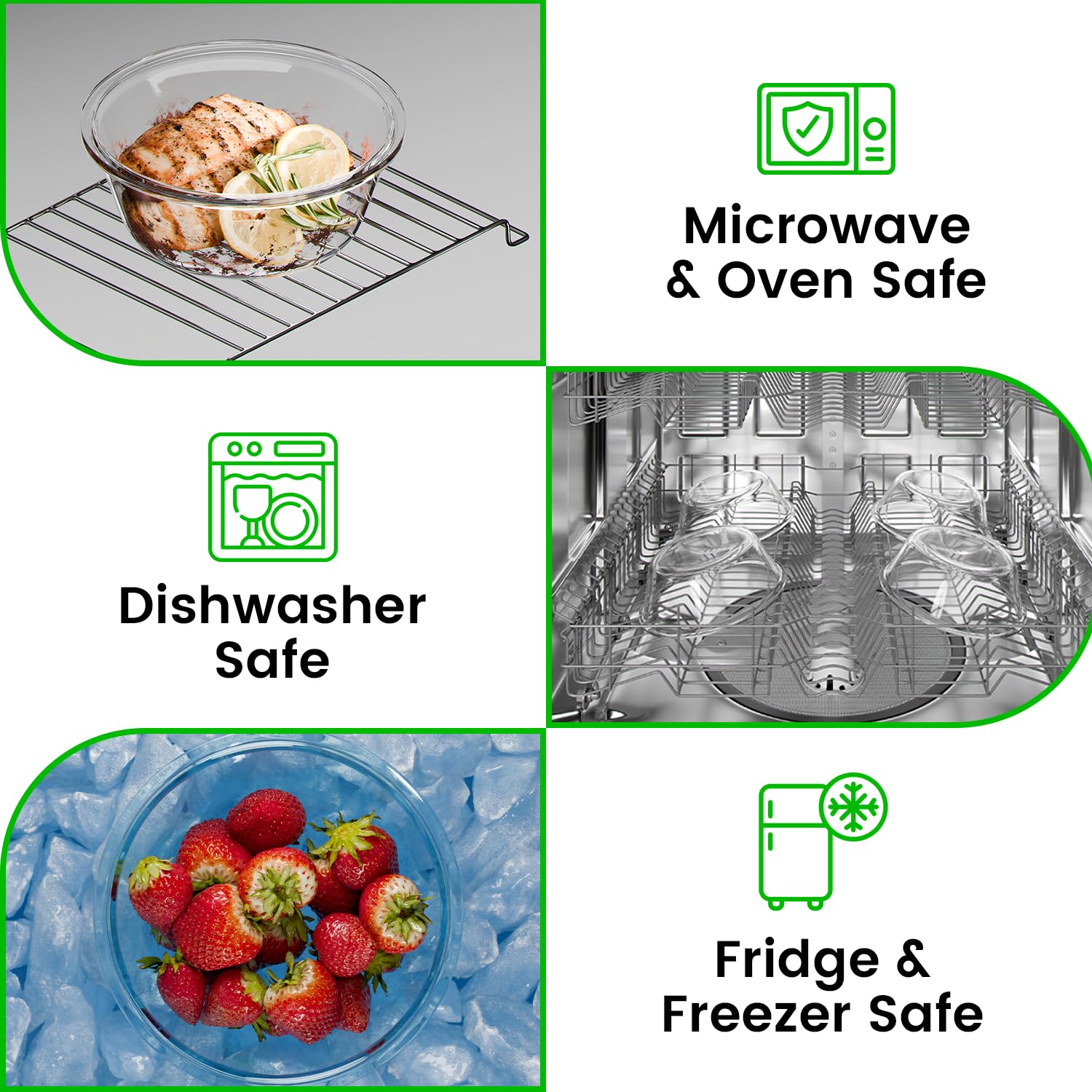 Verel borosilicate glass withstands freezing and oven use for versatile storage.